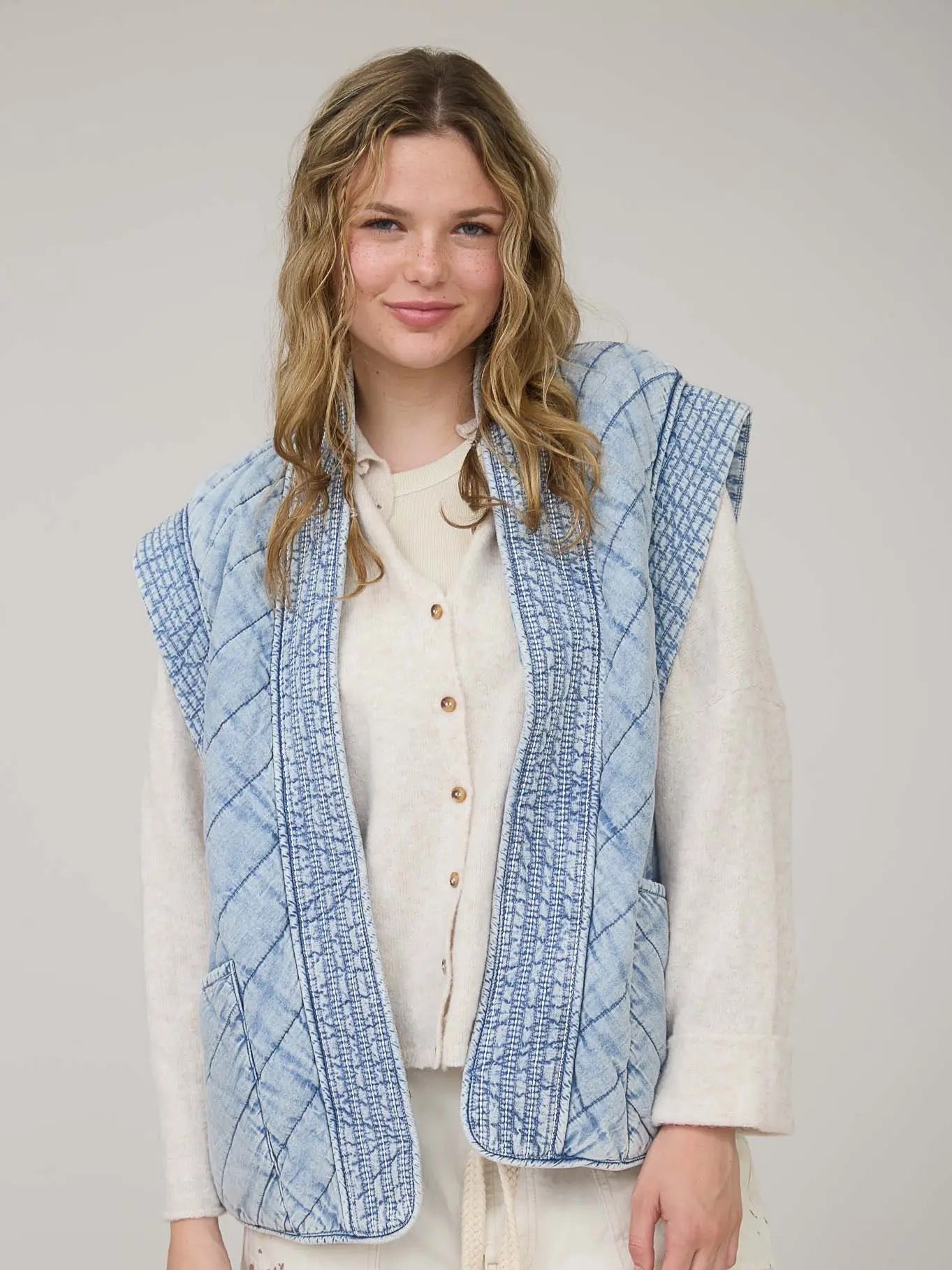 Washed Denim Quilted Shawl Vest