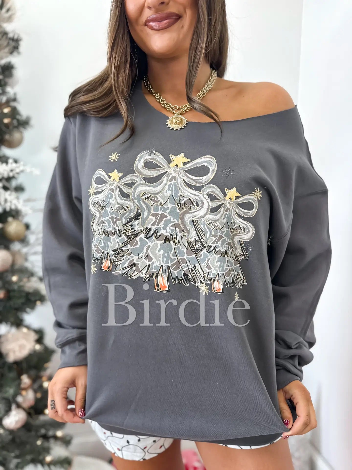 Camo Trees Off The Shoulder Crewneck Sweater