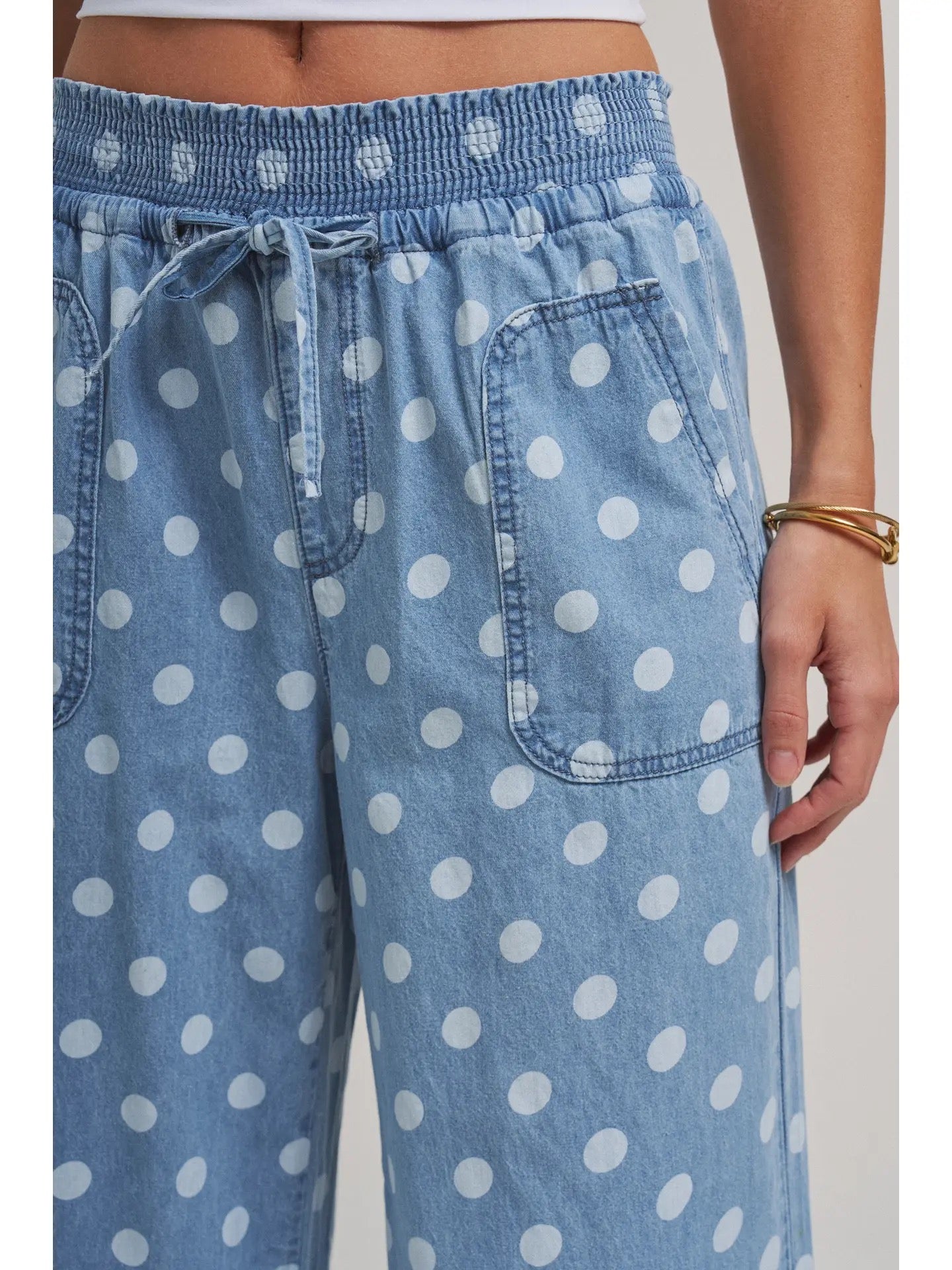The Stephanie Relaxed Wide Leg Soft Polka Dot Chambray Drawstring Pants
