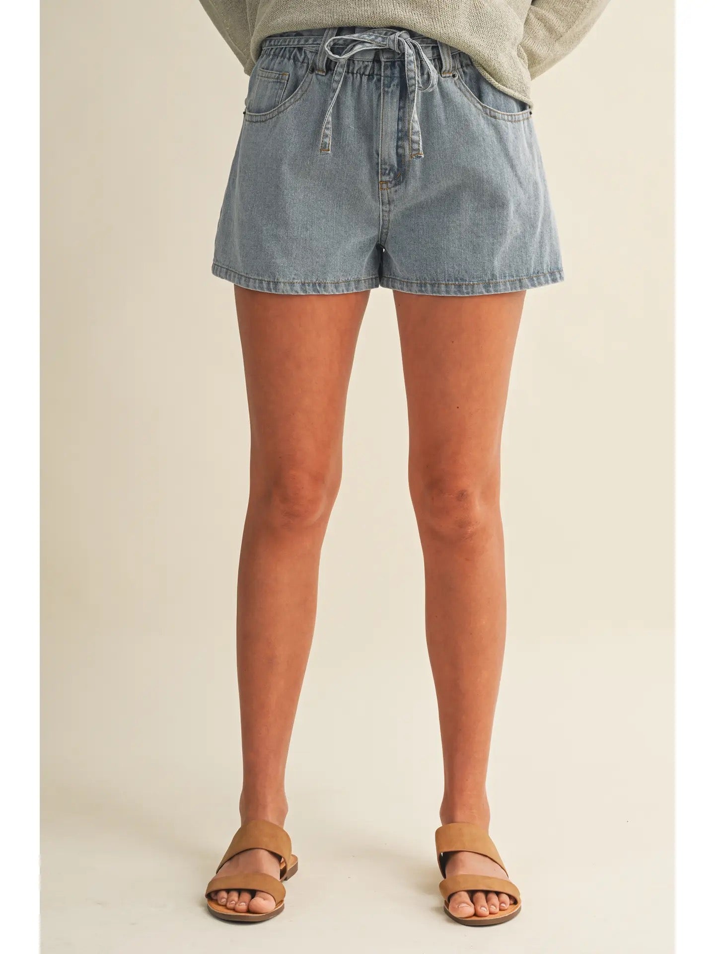 Paperbag Denim Shorts with Tie Waist