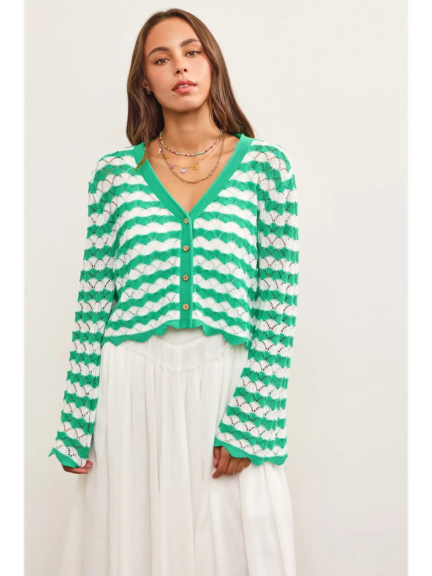 Green Striped Scallop Edge Sweater