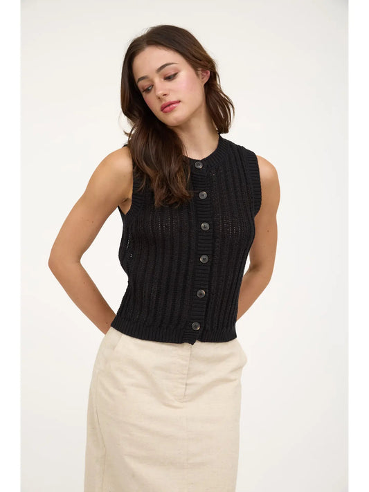 Black Crew Button Down Sleeveless Knit Vest