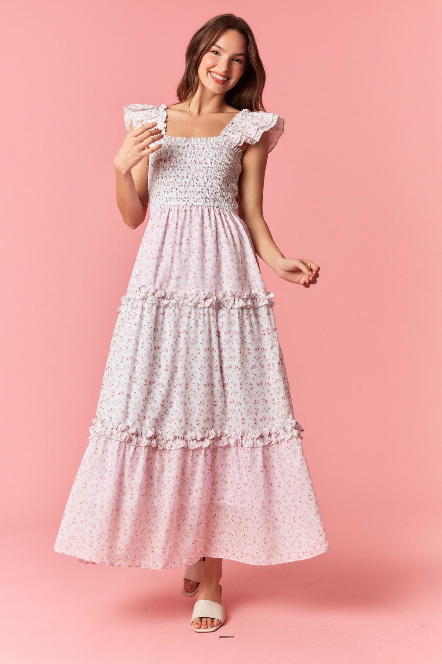 Pink Ditsy Flower Ruffle Tier Dress