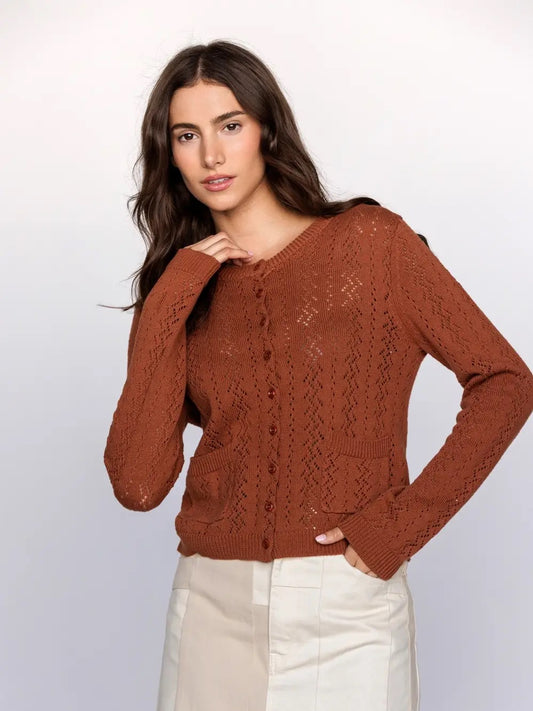 Rust Pointelle Button Up Cardigan