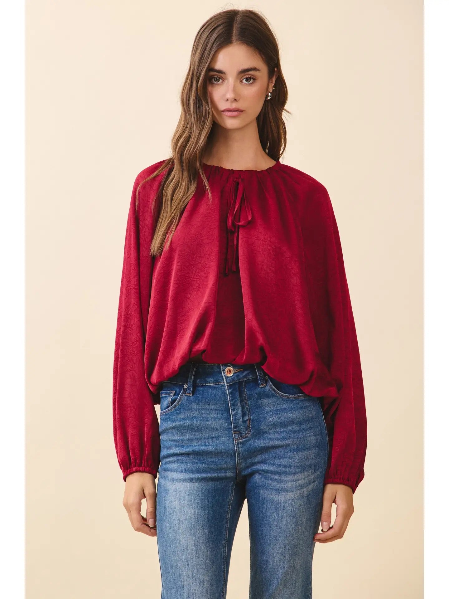 Crimson Satin Relaxed Bubble Blouse