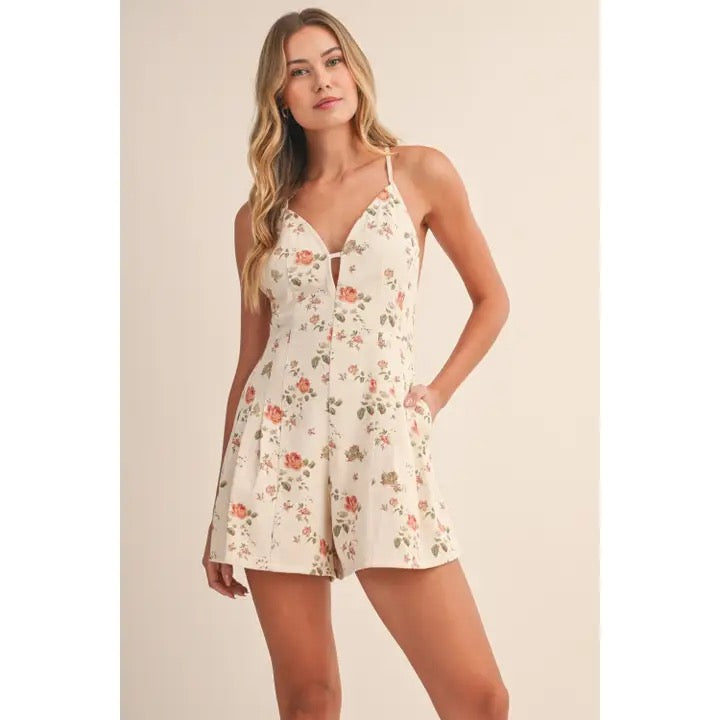 Floral Pleated Criss Cross Tie Romper
