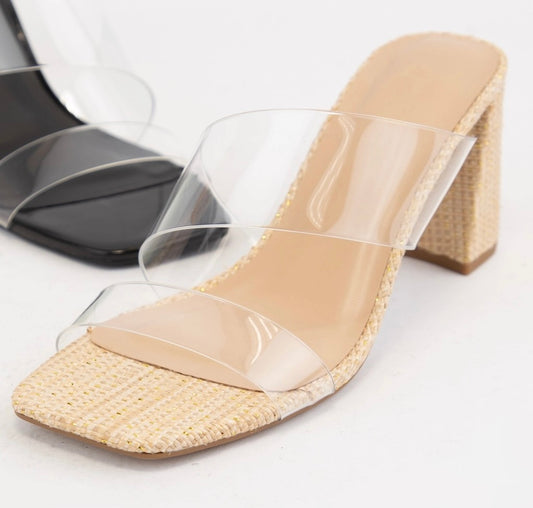 Asymmetrical Clear Strap Mule Block Heels