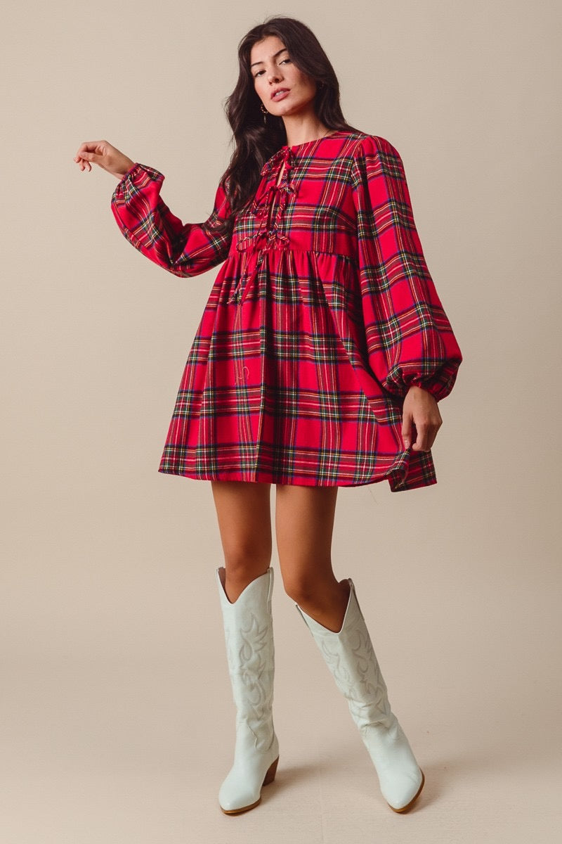 Plaid Front Tie Shirred Mini Dress