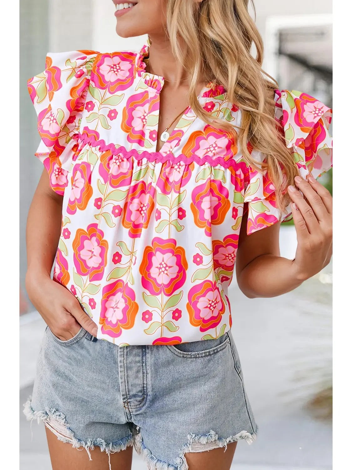 Floral Ruffled Sleeve Blouse with Ric Rac