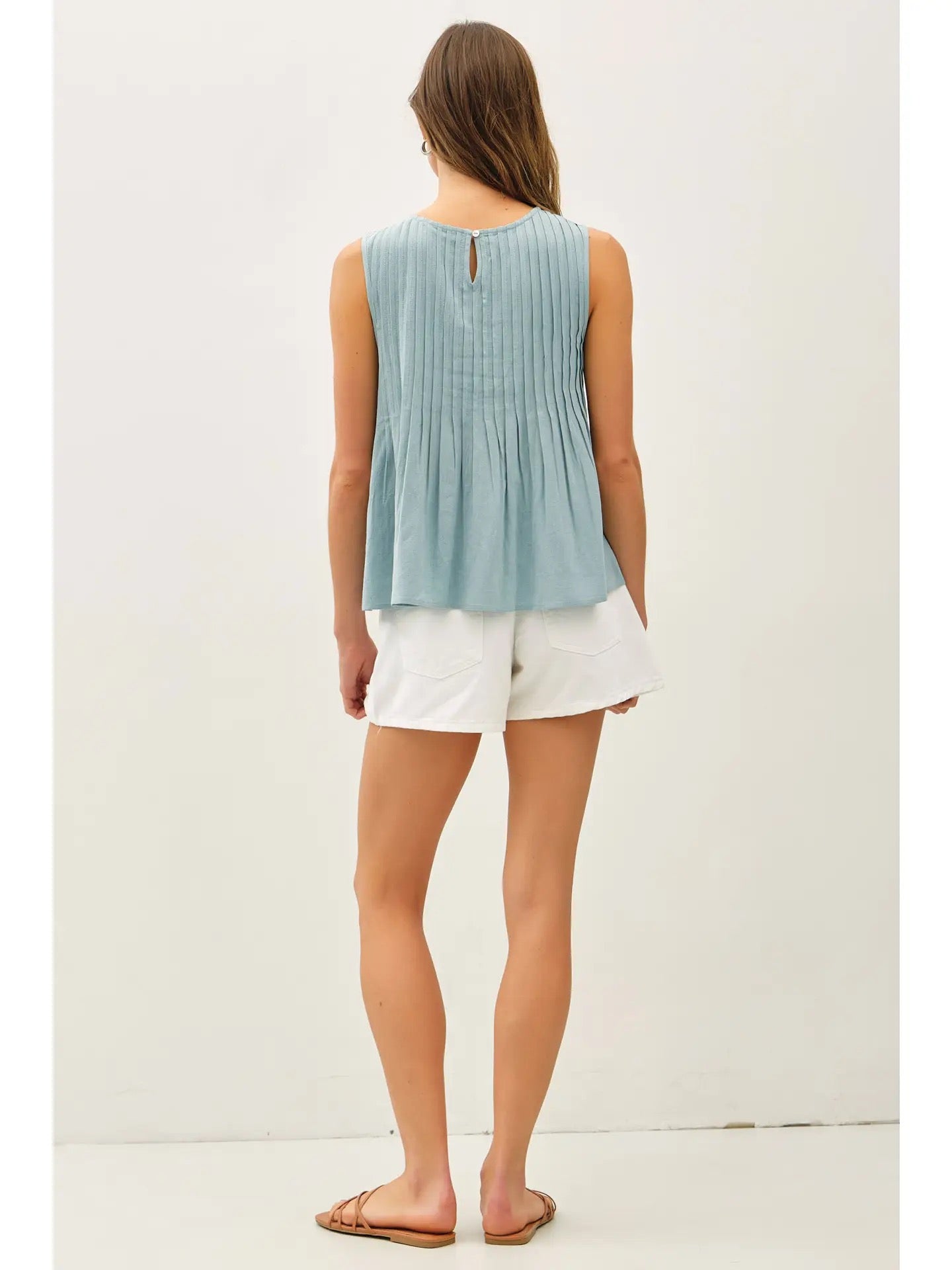 Dusty Blue Pleated Linen Top