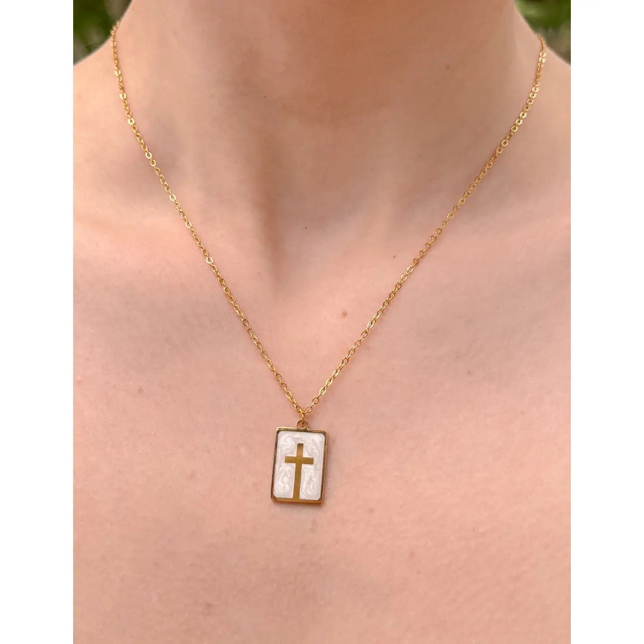 Pearl Enamel Cross Necklace-Gold