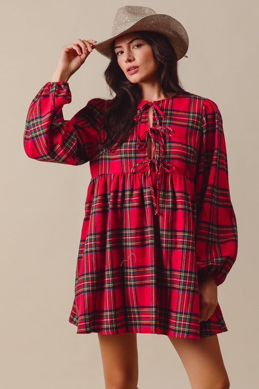 Plaid Front Tie Shirred Mini Dress