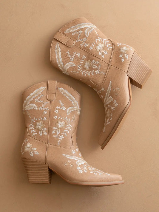 Apricot Embroidered Cowboy Bootie