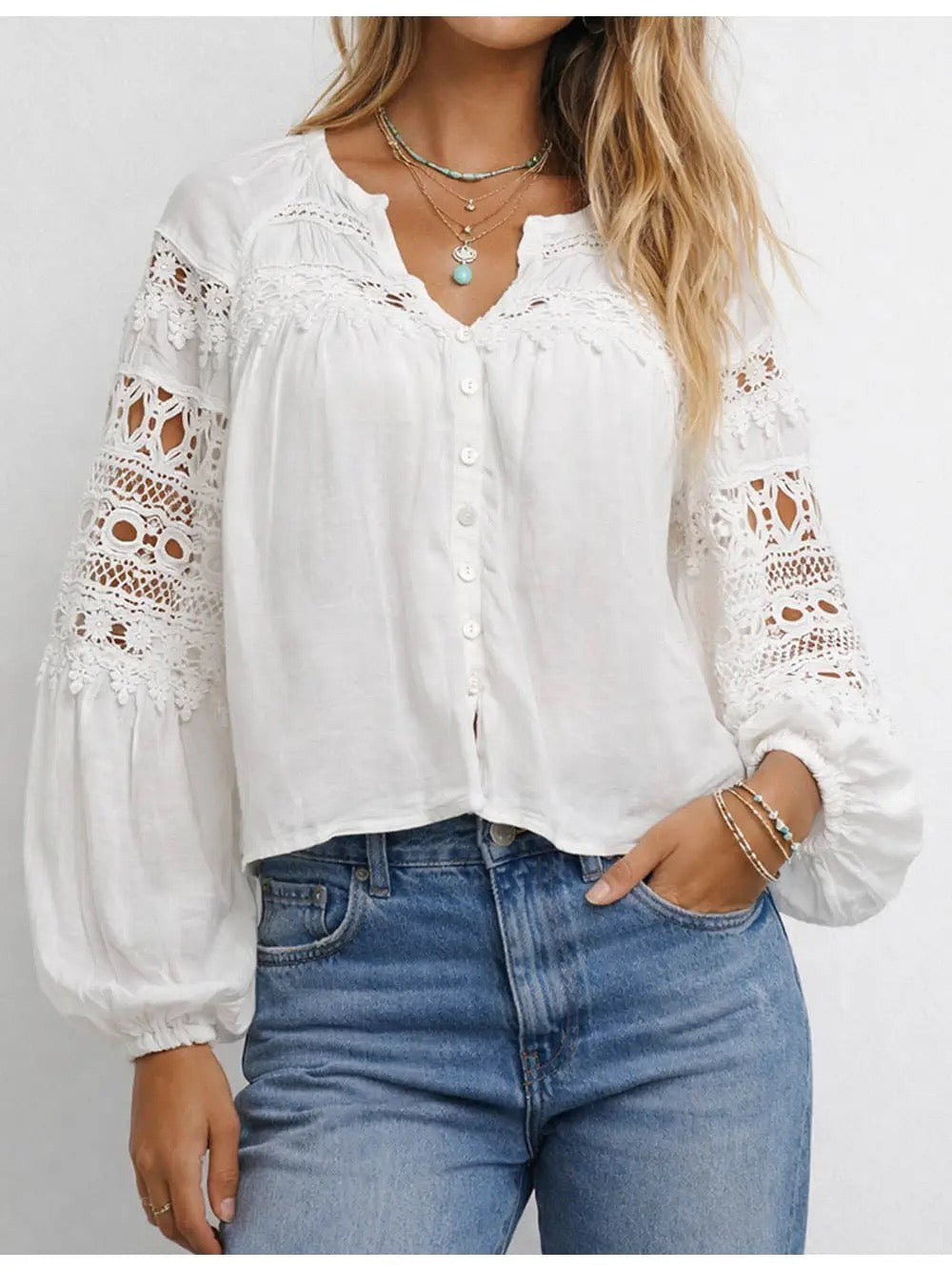 White Embroidery Cut Out Long Sleeve Top