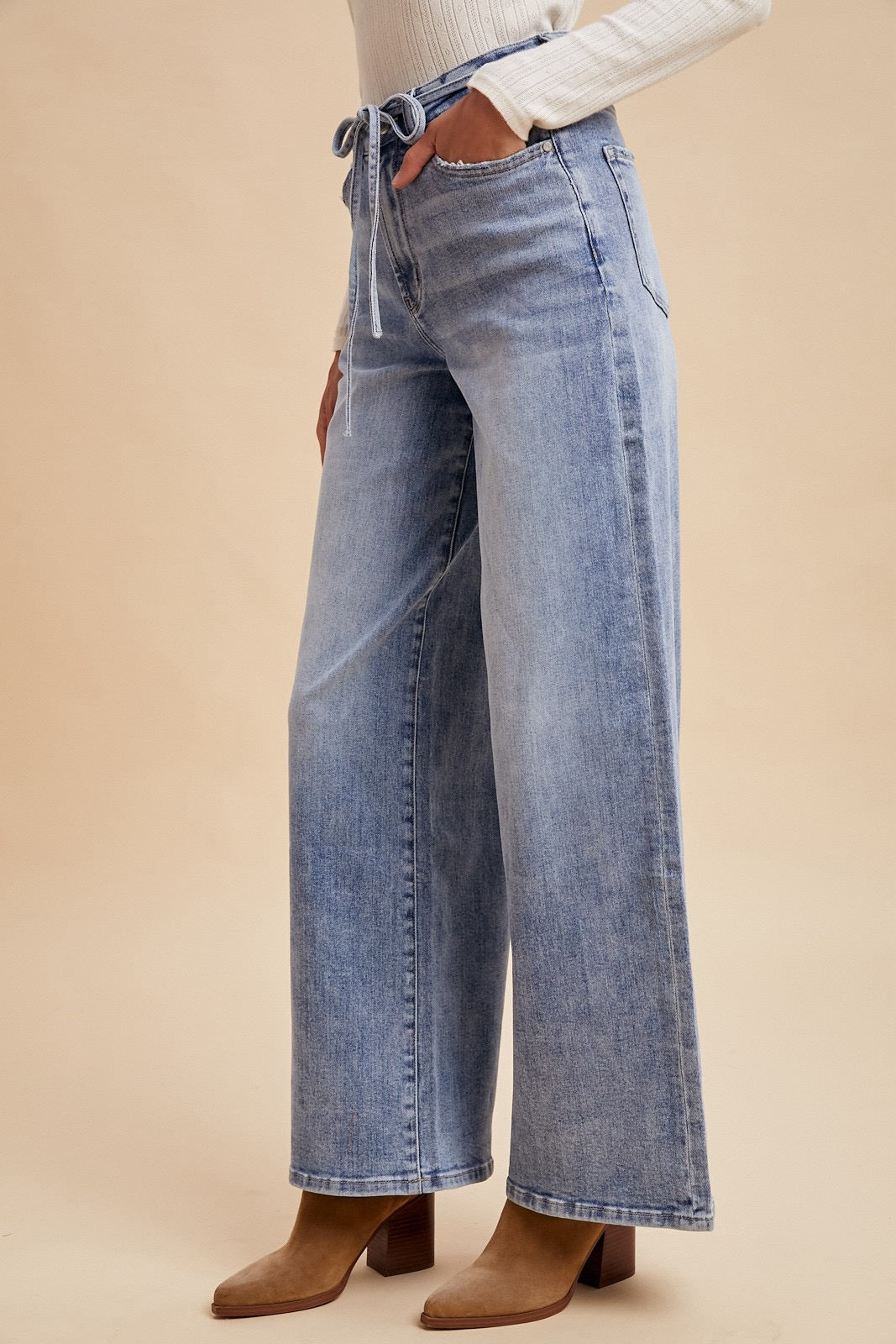 High Rise Tie Waist Wide Leg Denim Pants