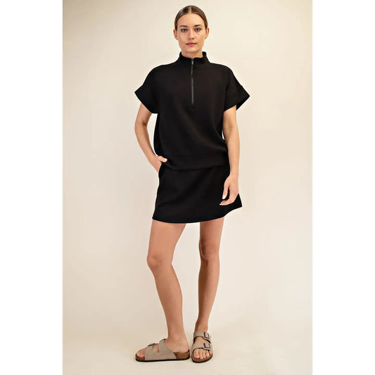 Black Scuba Quarter Zip Short Sleeve Top