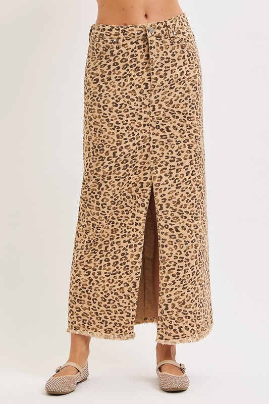 Risen Leopard High Rise Front Slit Long Skirt