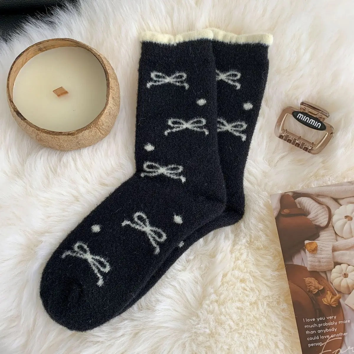 Bow Polka Dot Plush Socks