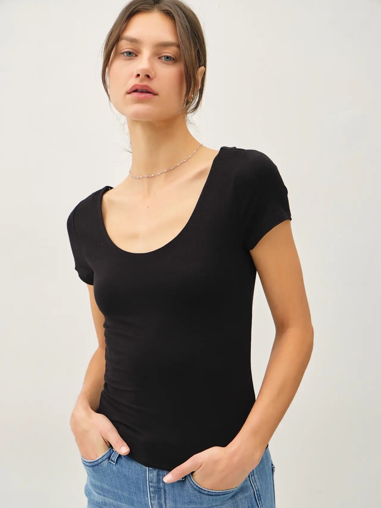 Double Lined Scoop Neck Cap Sleeve Tee