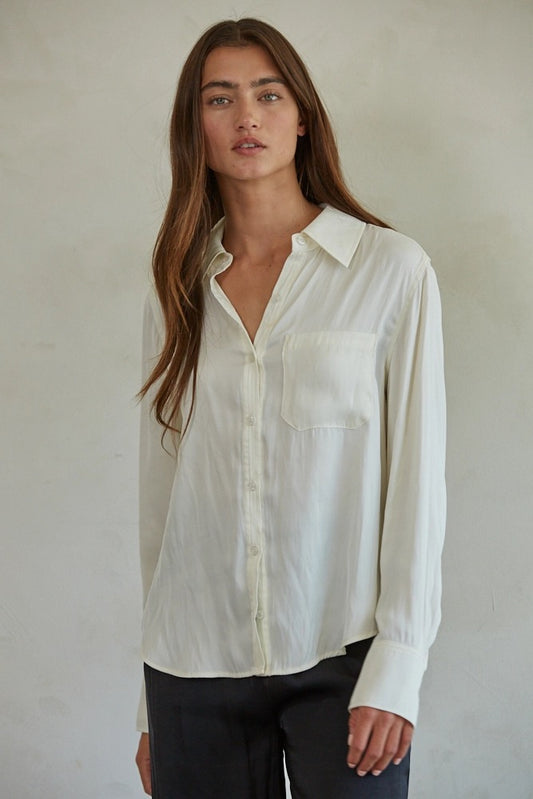 Woven Satin Button Down Long Sleeve Top