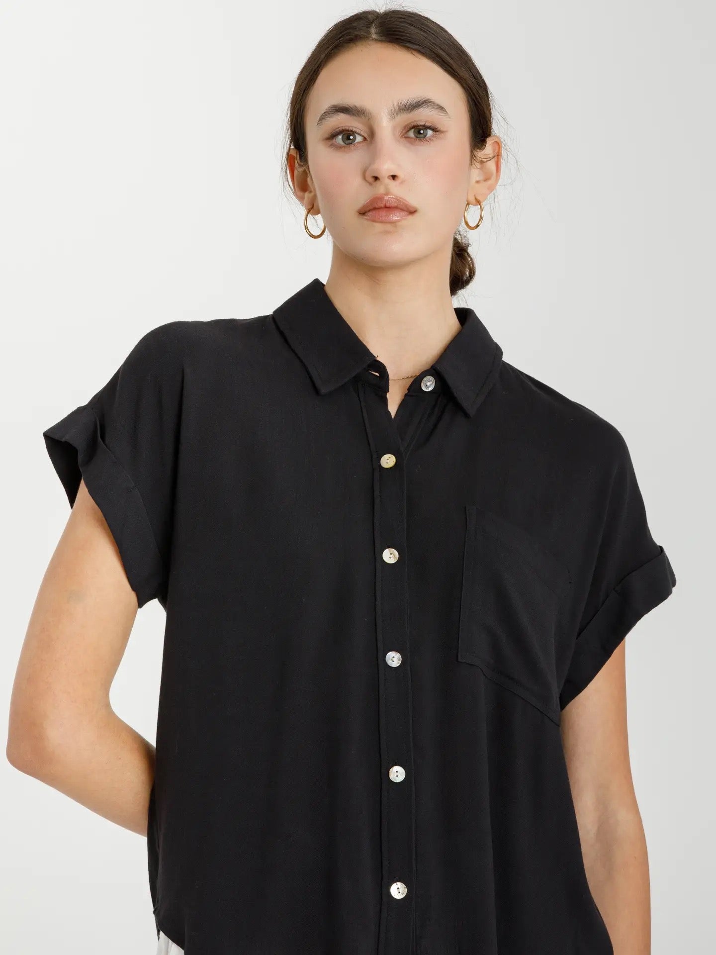 Solid Button Down Short Sleeve Shirt with Rolled Sleeves