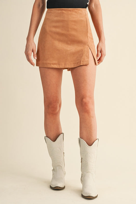 Stretch Faux Suede Side Slit Skort