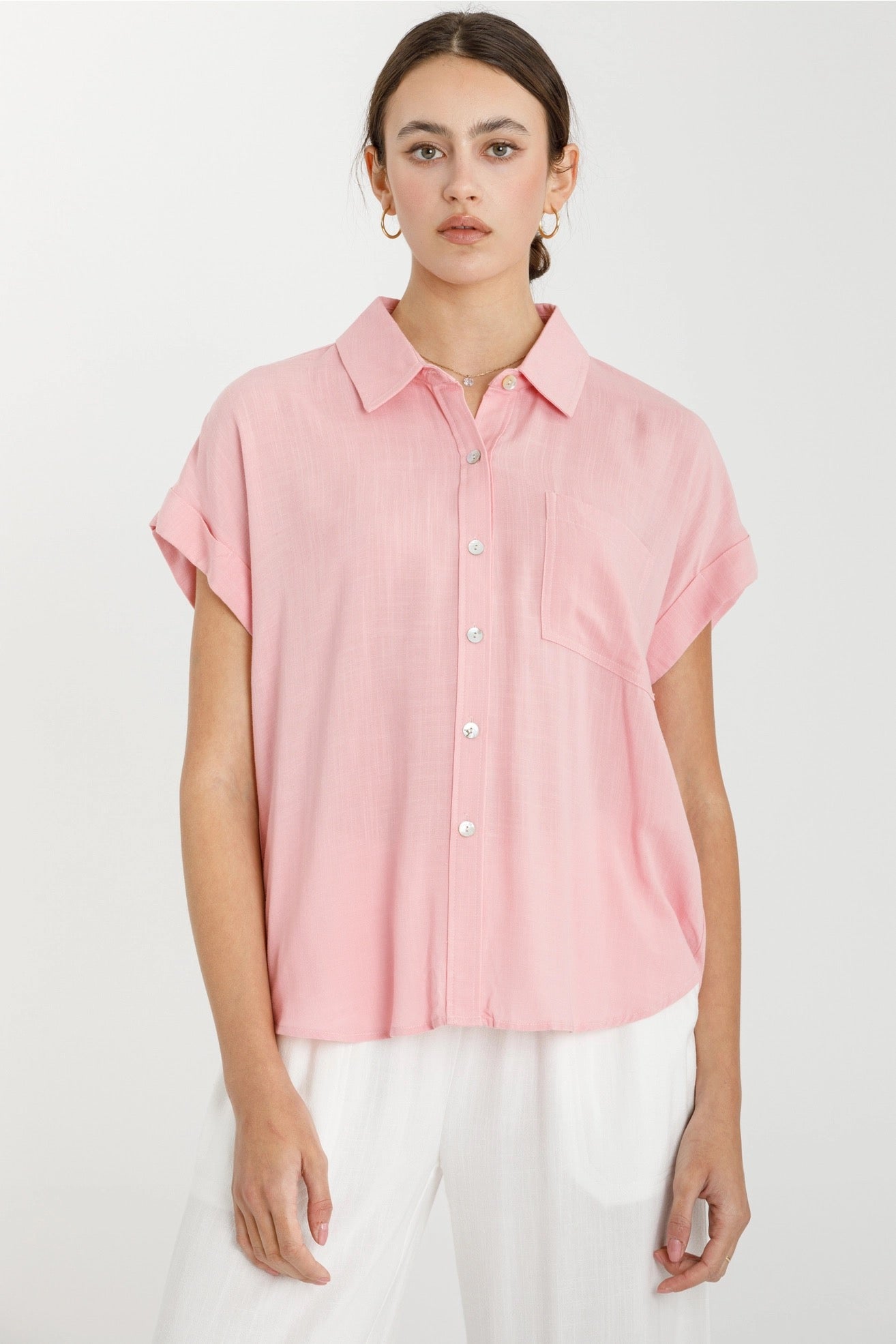 Solid Button Down Short Sleeve Shirt with Rolled Sleeves