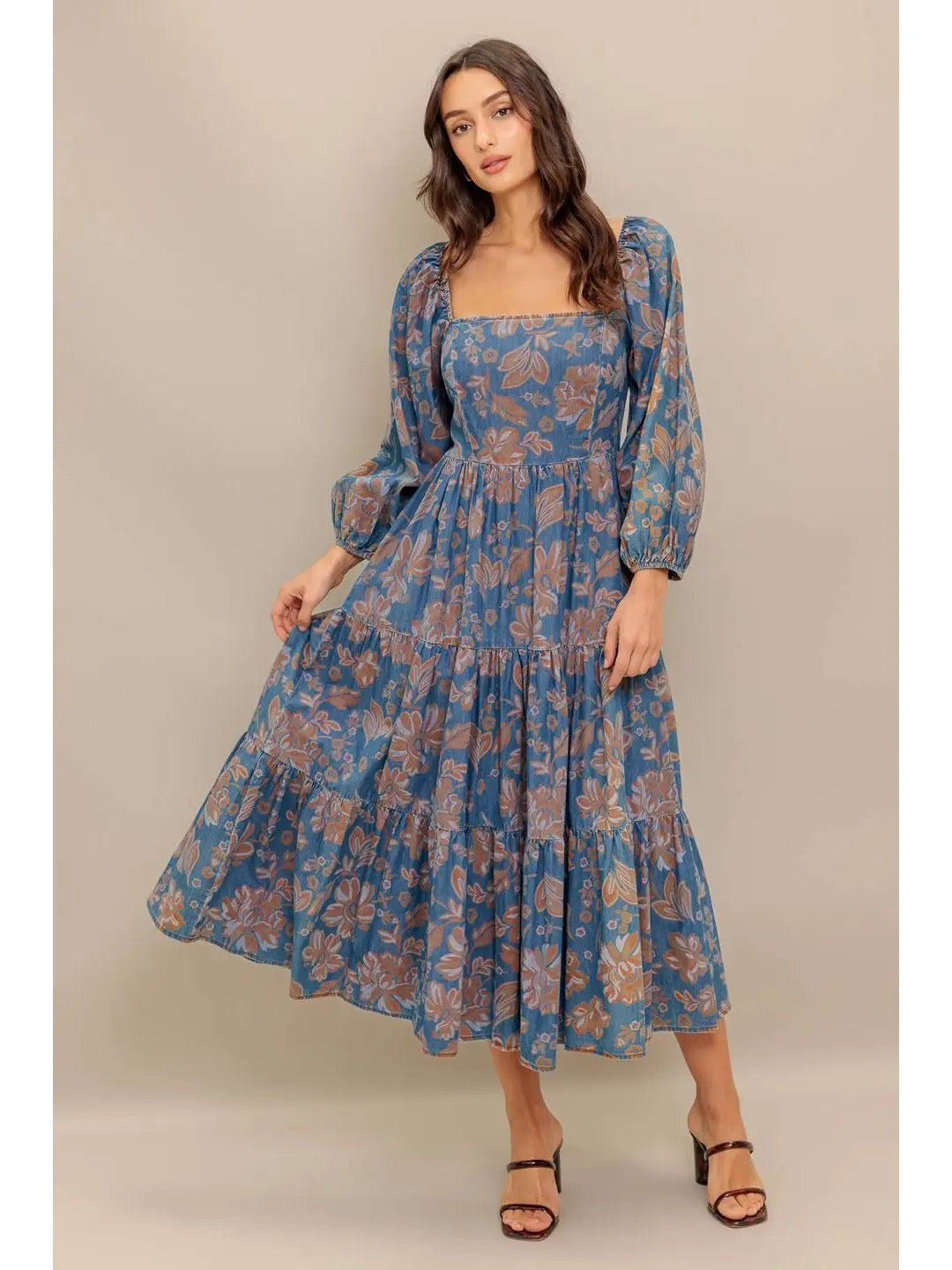 Printed Denim Midi Dress