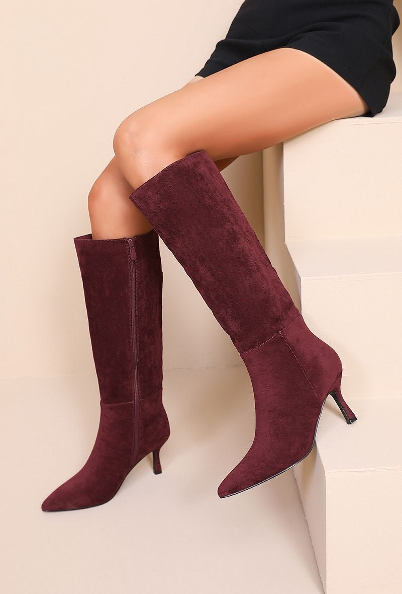Wine Red Faux Suede Knee High Boots