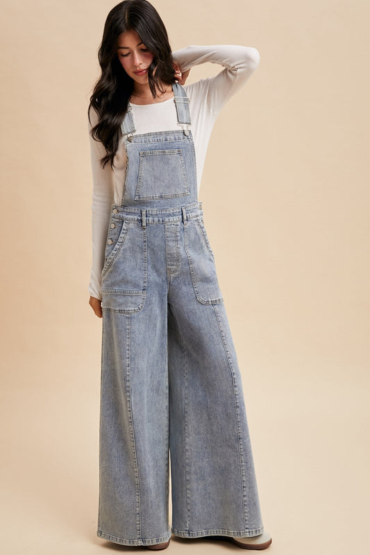 Washed Wide Palazzo Leg Denim Overalls