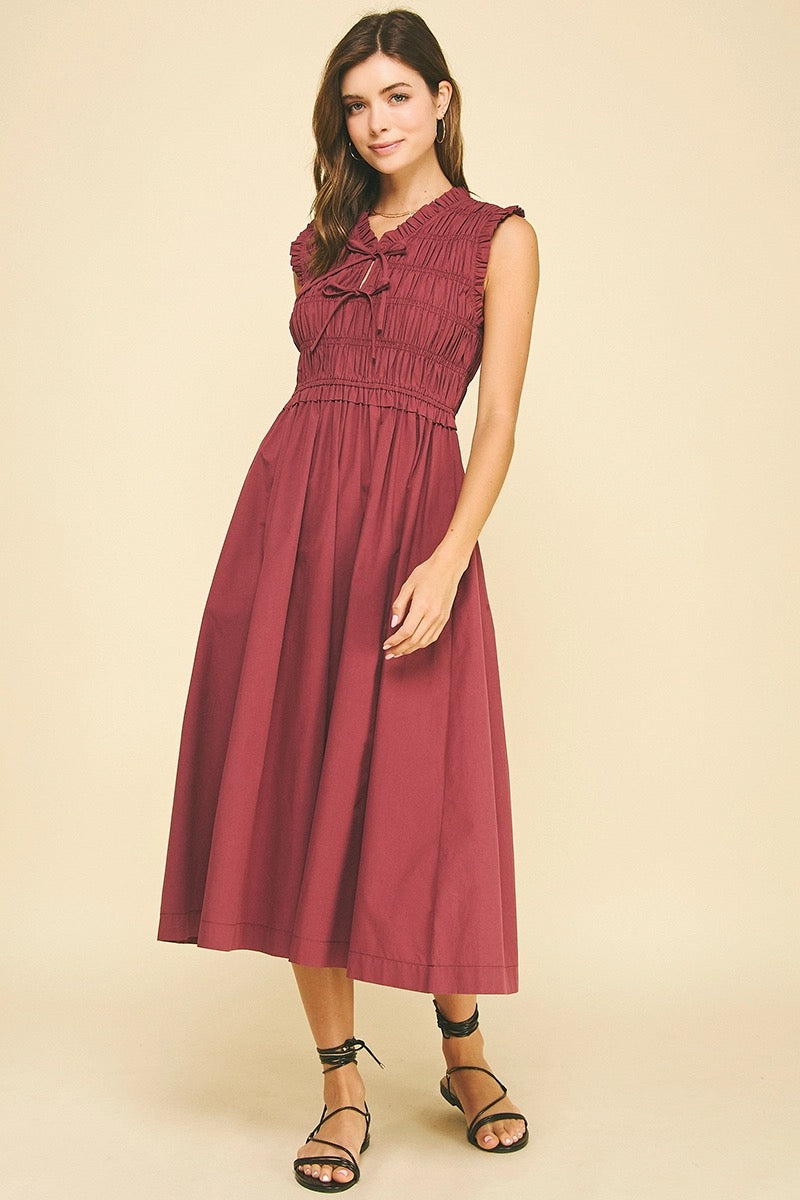 Plum Front Tie Smocking Midi Dress
