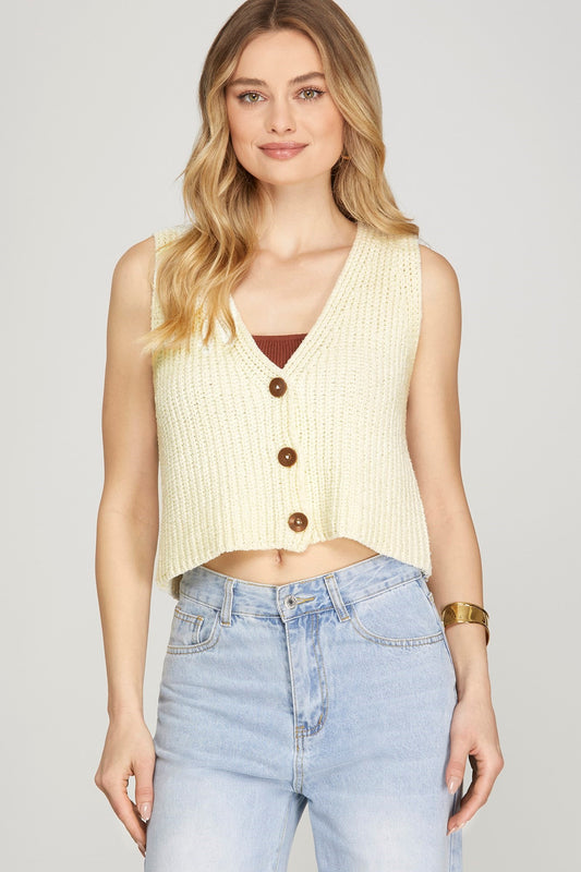 V Neck Button Down Sweater Vest Off White