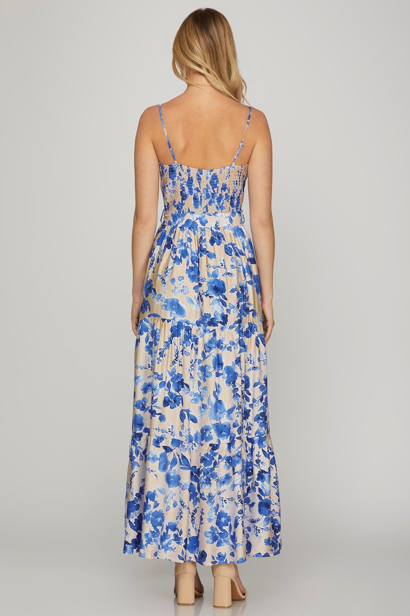 Blue Floral Print Tiered Maxi Dress