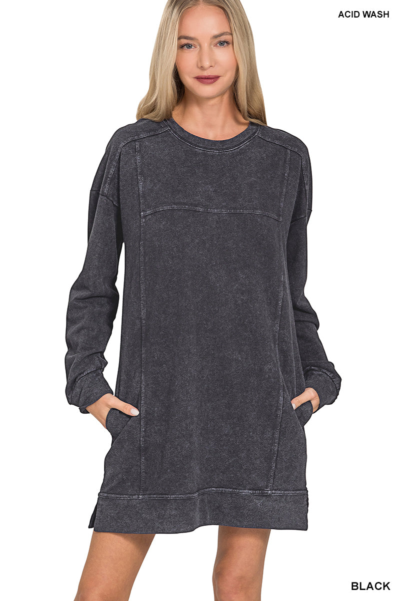 French Terry Acid Wash Dress w/ Pockets