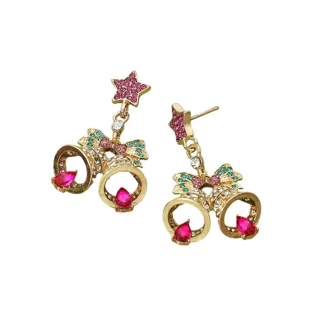 Christmas Bow Double Bell Charm Drop Dangle Earrings
