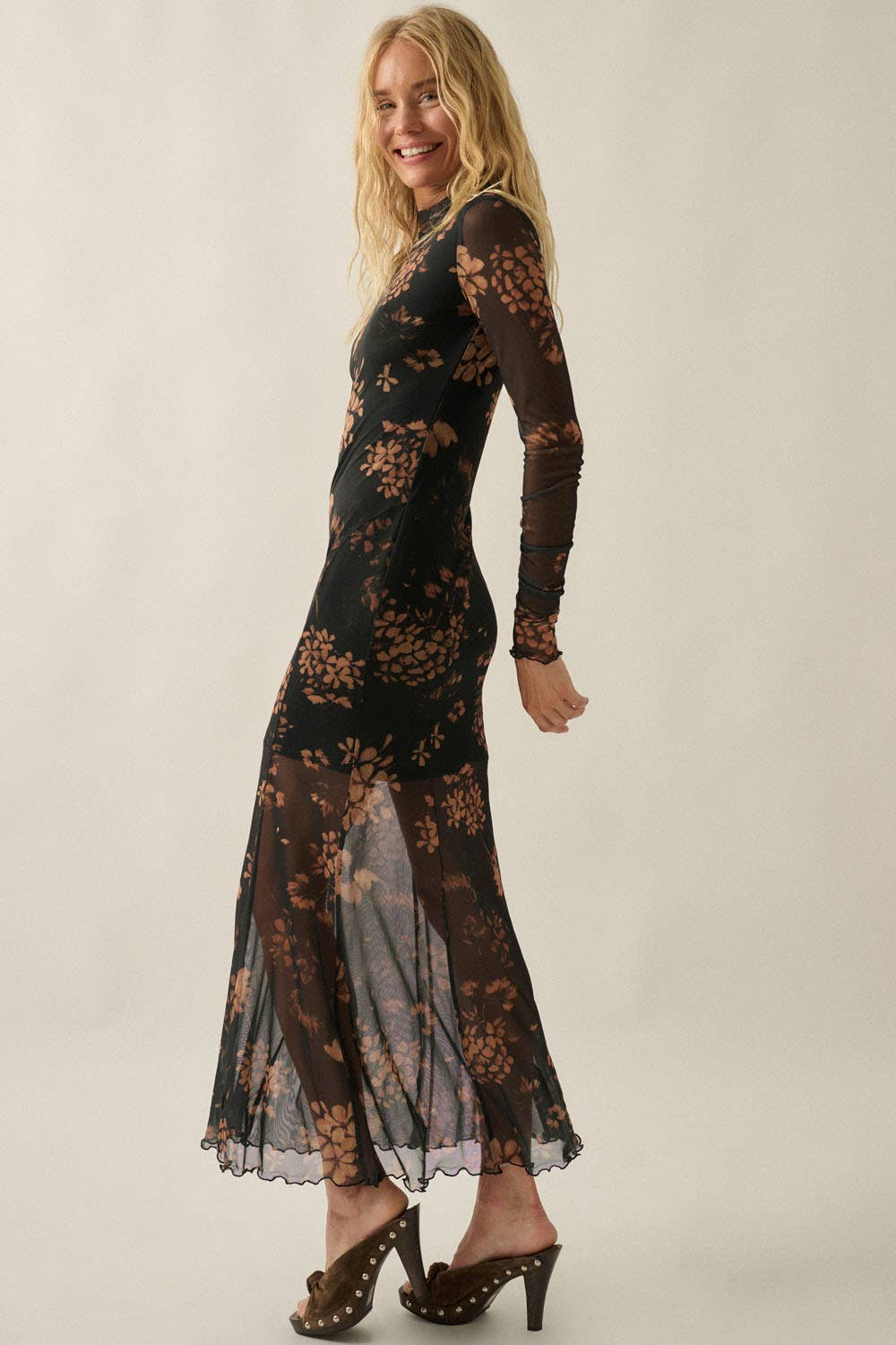 Floral Mesh Mock-Neck Long-Sleeve Maxi Dress
