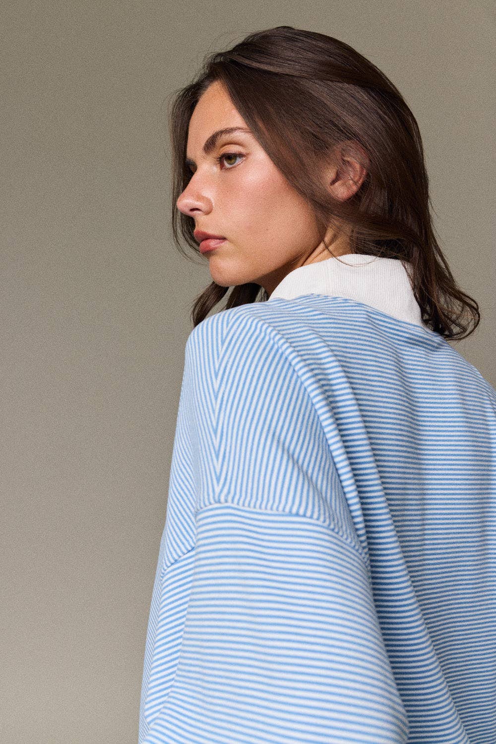 Mock Neck Stripe Lounge Short Set In Blue
