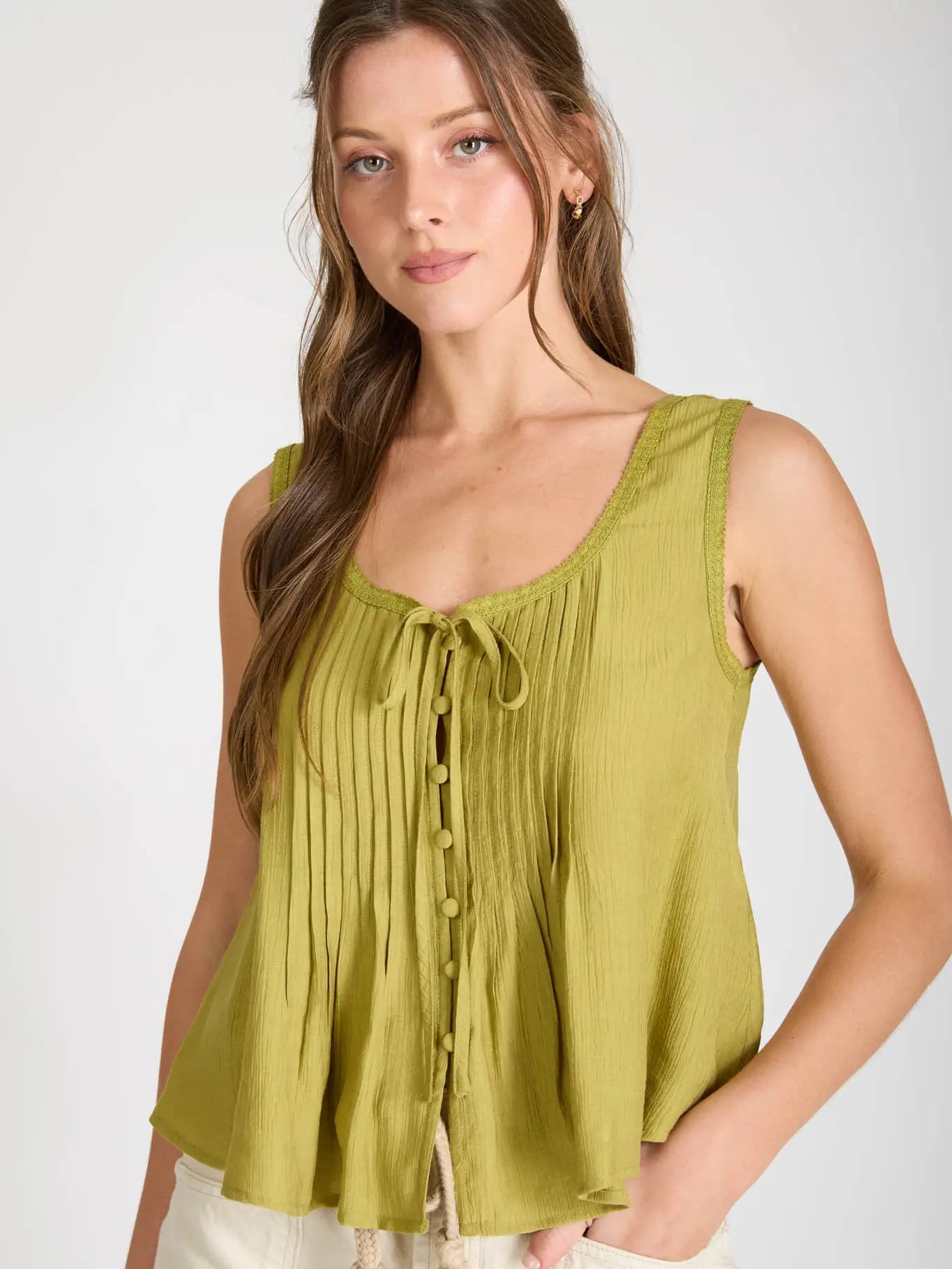 Olive Lace Trim Front Tie Button Down Sleeveless
