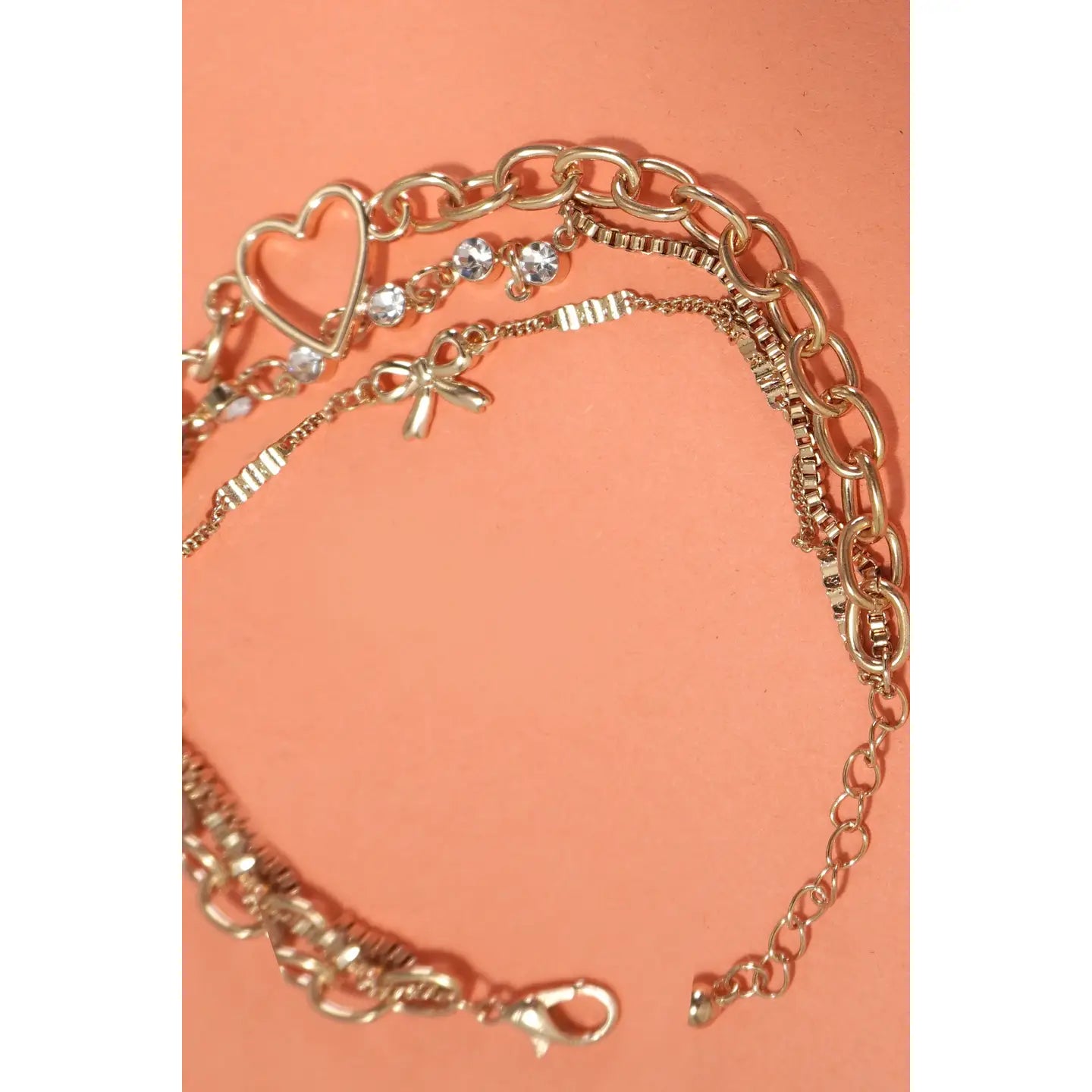 Gold Multi Layer Bow Heart Rhinestone Bracelet
