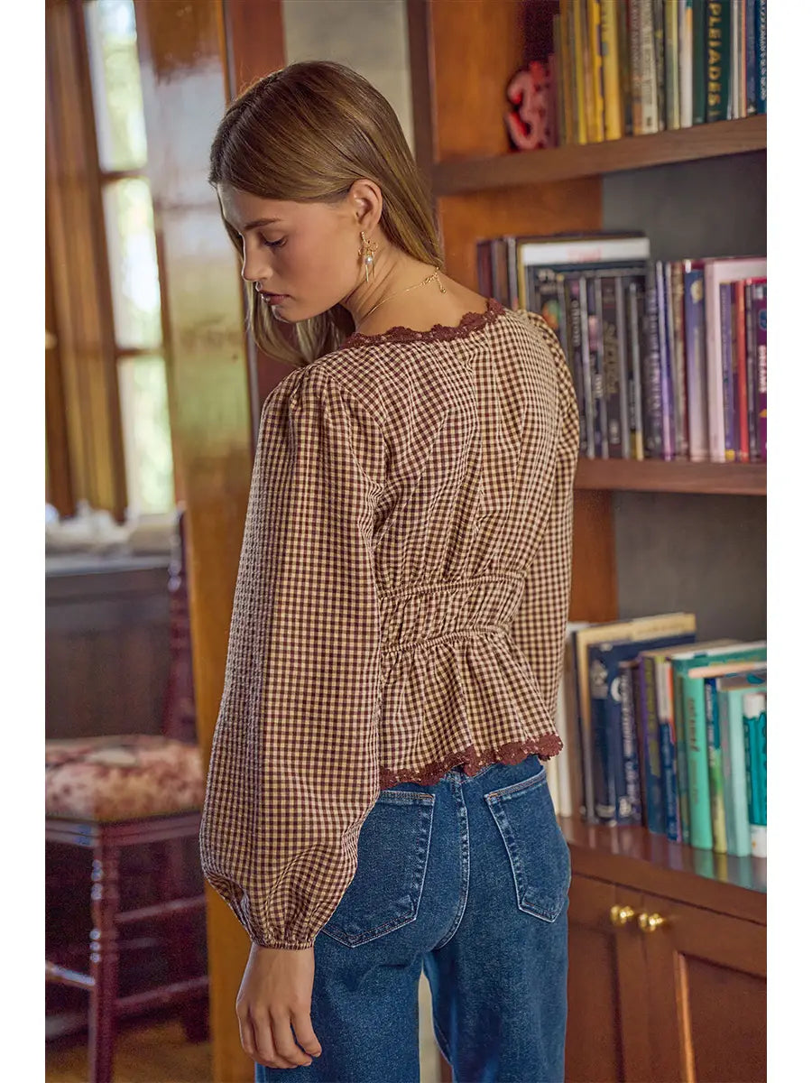 Gingham Check Lace Trim Ruched Bodice Blouse Top