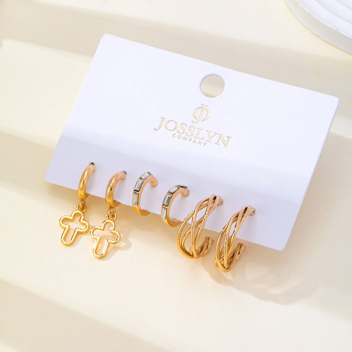 Gold-Tone Cross Baguette Hoop Earring Trio Set