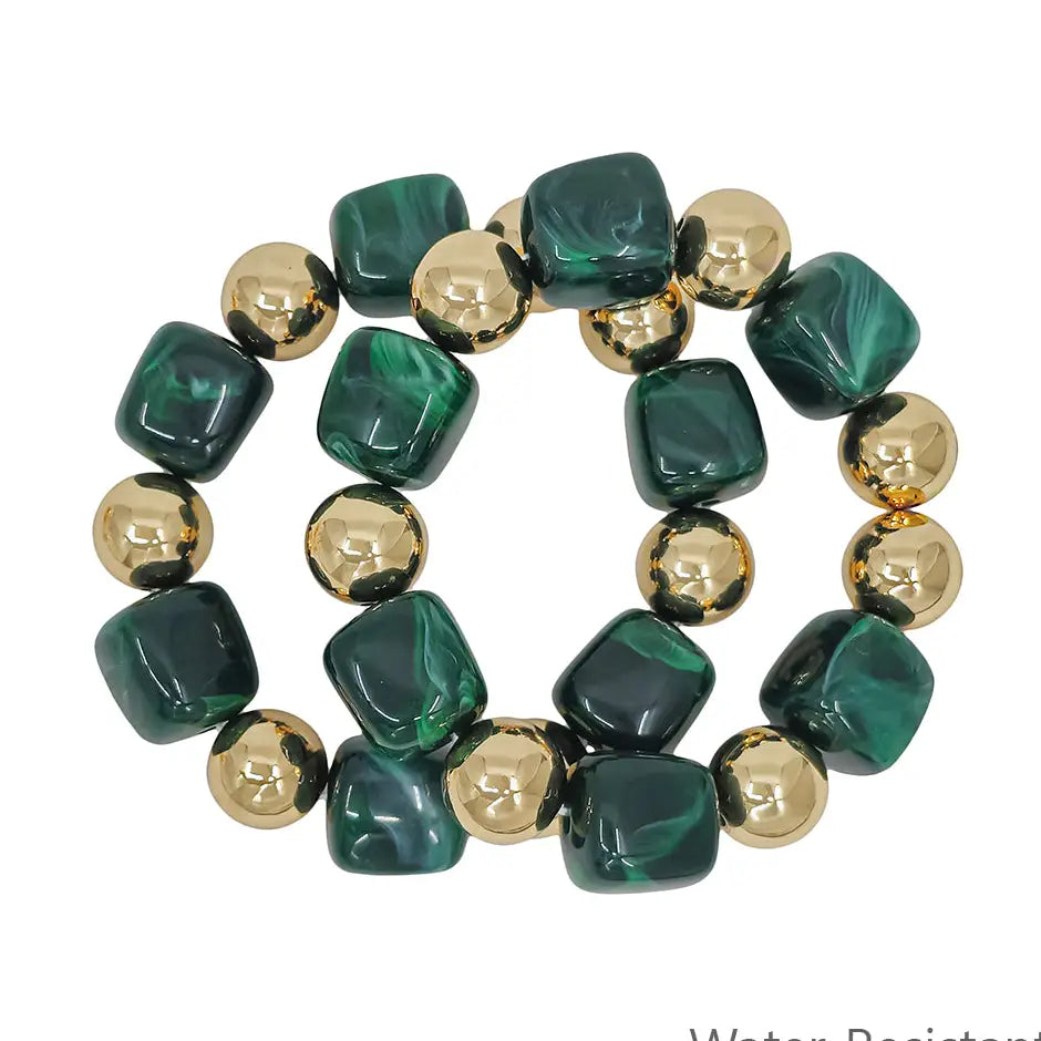 Water Resistant Gold and Emerald Green Stretch Bracelets
