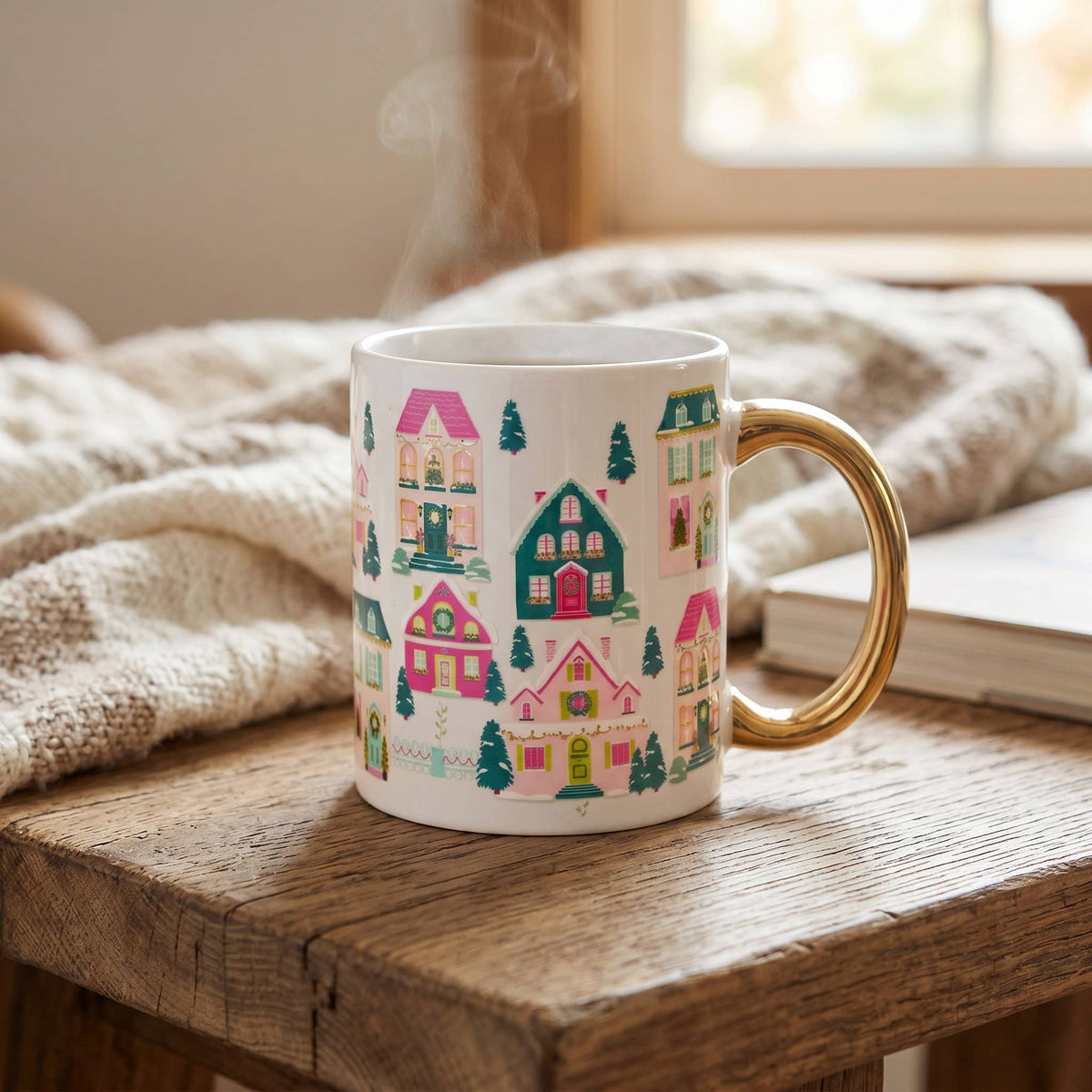 11 oz Cozy Cute Ceramic Mug-Pink Pine Village