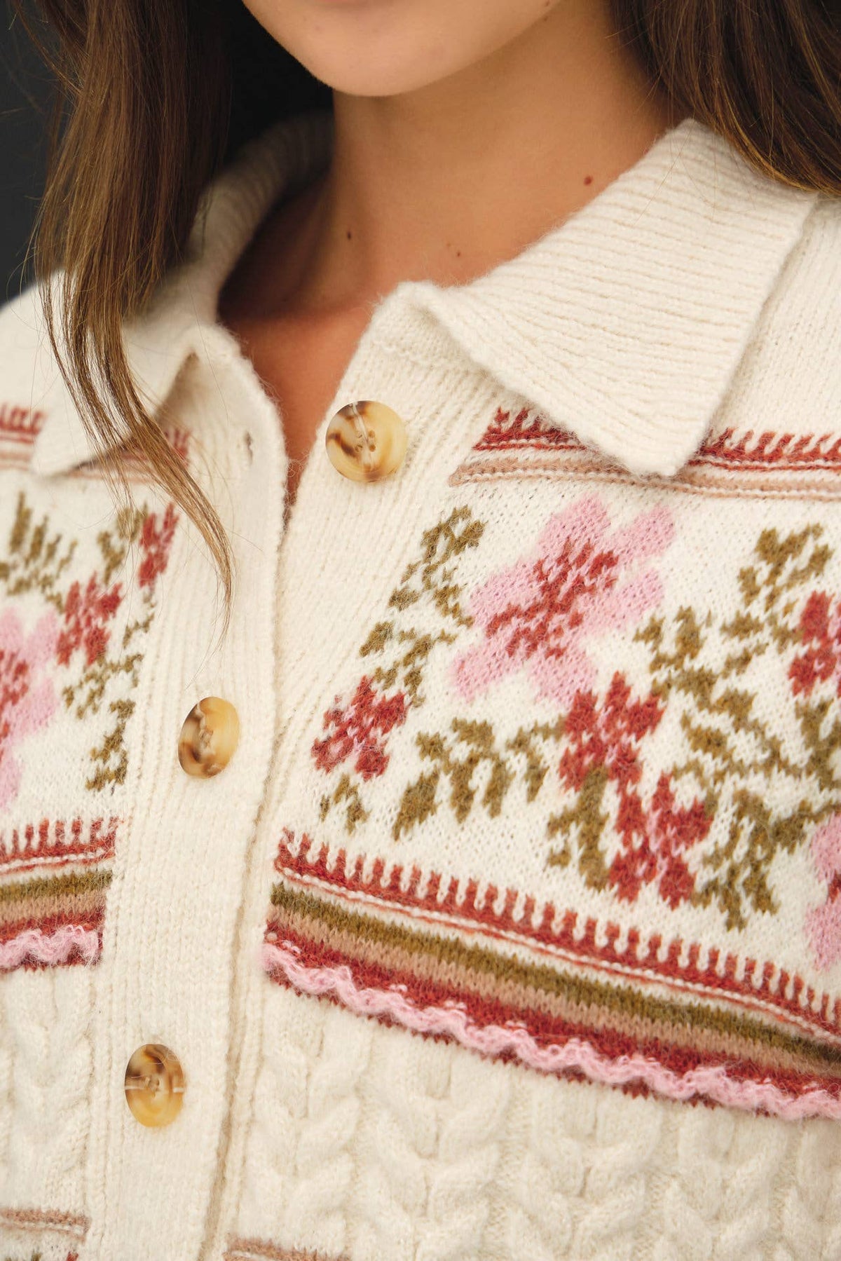 Vintage Floral Jacquard Polo Cardigan