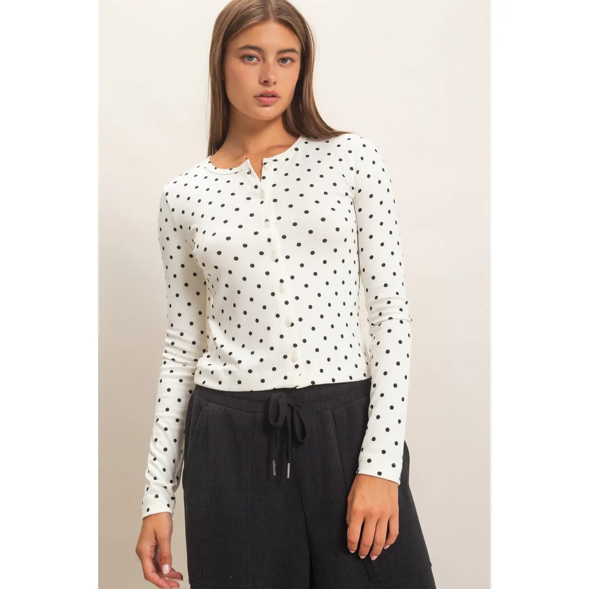 Polka Dot Button Front Long Sleeve Top