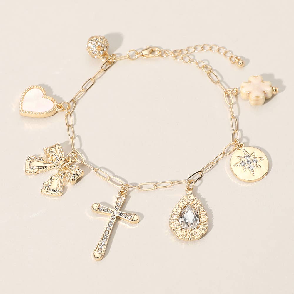 Bow Mother of Pearl Heart Clover Charm Station Bracelet