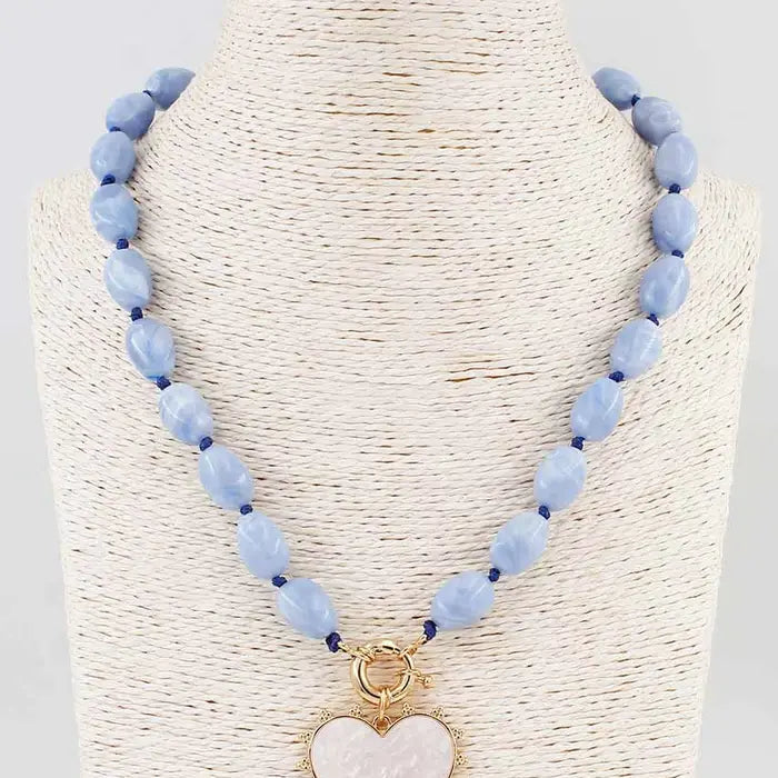 Blue Beaded Pearlized Heart Necklace