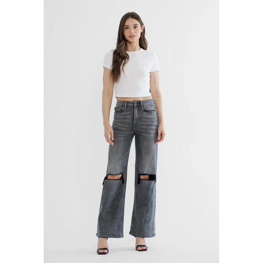 Mica Black Super High Rise Wide Led With Distressed Knee Jeans