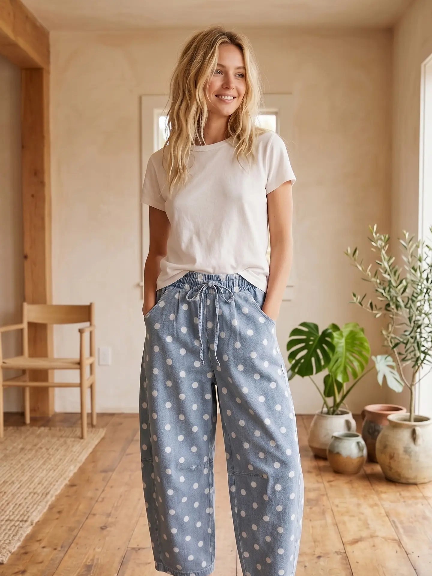Light Wash Polka Dot Denim Barrel Pants