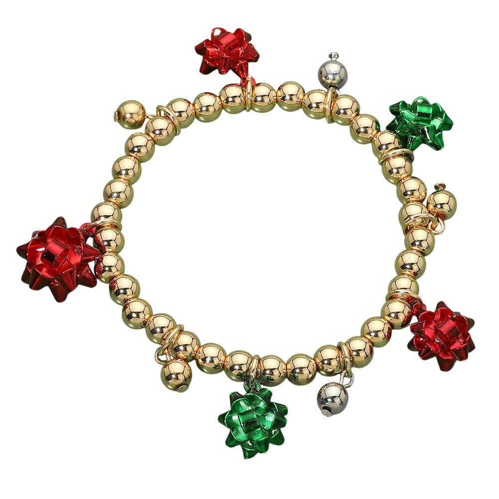 Christmas Gift Bow Bell Charm Beaded Stretch Bracelet